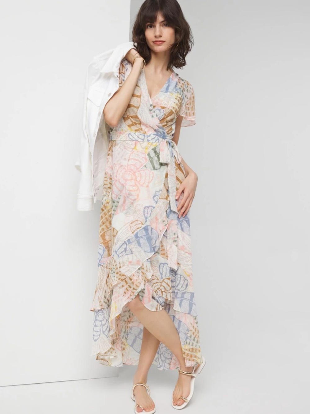 WHBM Ruffle Sleeve Seashell Chiffon Wrap Dress - Picture 1 of 8